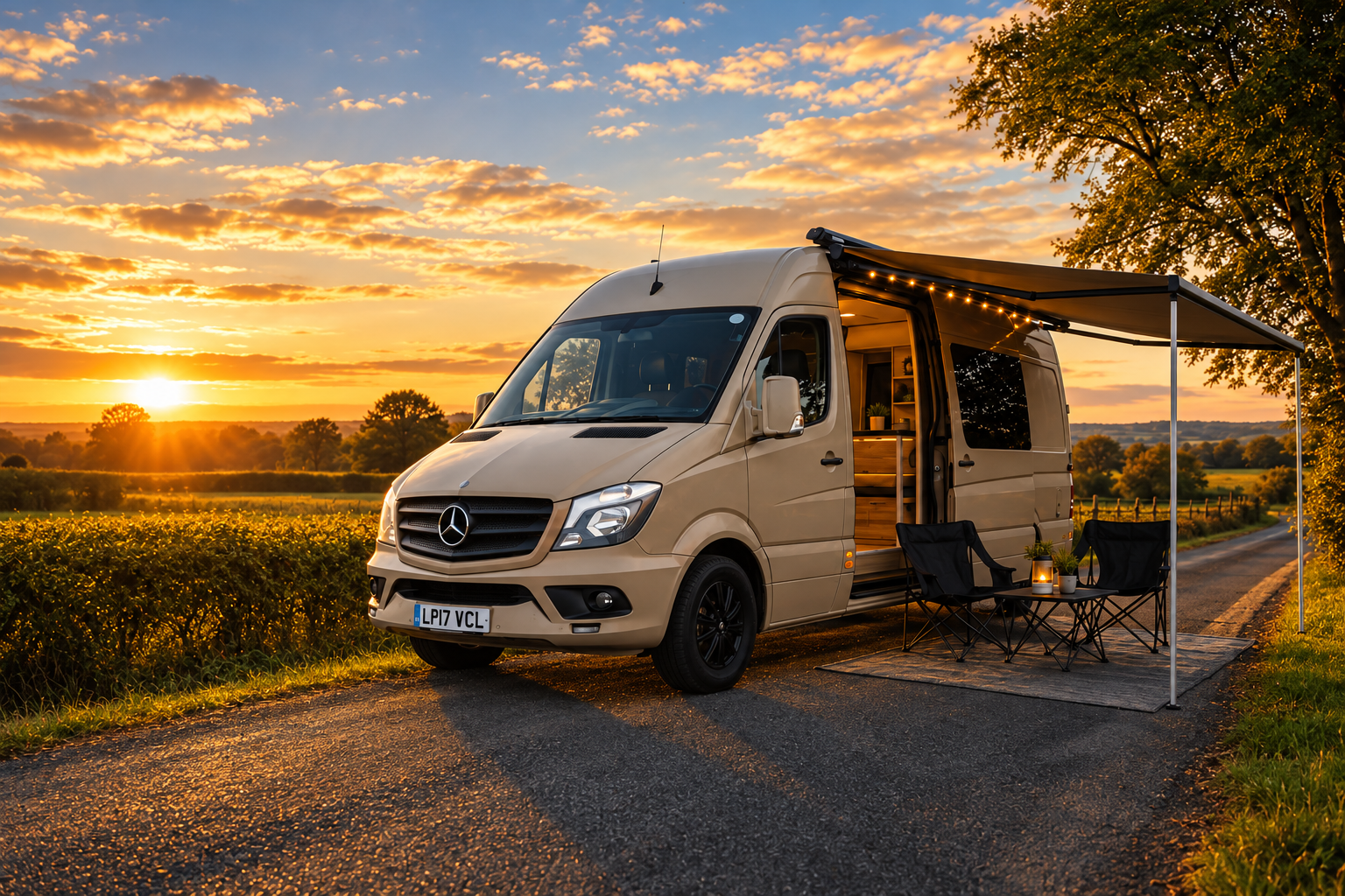 Desert Beige Homer campervan in the countryside at sunset