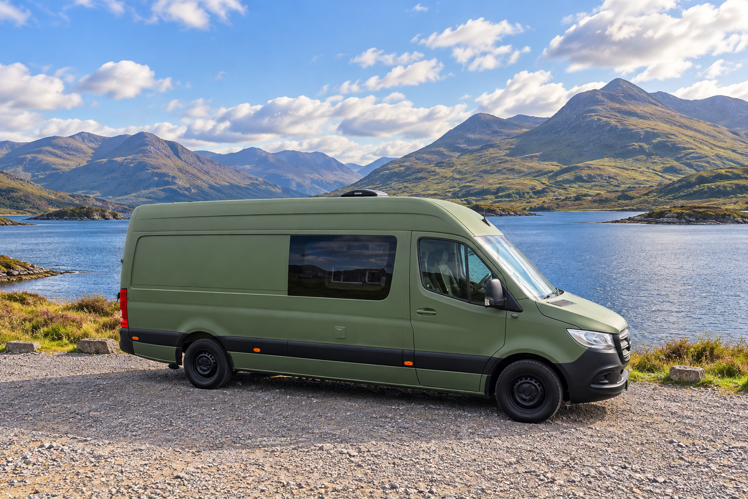 Marge’s olive-green exterior beside a Scottish loch